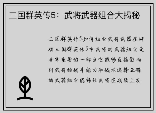 三国群英传5：武将武器组合大揭秘